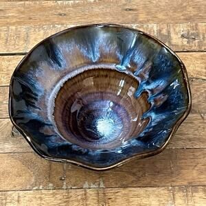 Bill Campbell Art Pottery Bowl 8" Fluted Edge Blue Brown Drip Glaze Signed